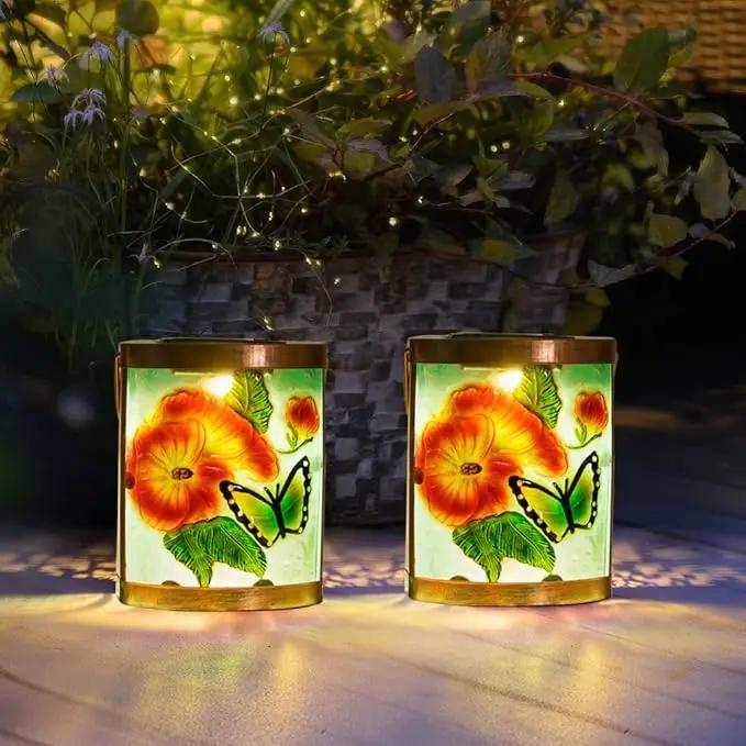 Starsoul 2 Pack Hanging Solar Lantern Outdoor Waterproof Glass Butterfly and Flowers Decorative Solar Lights for Outside Garden Yard Table Patio Decor by GreenHaven Gardens