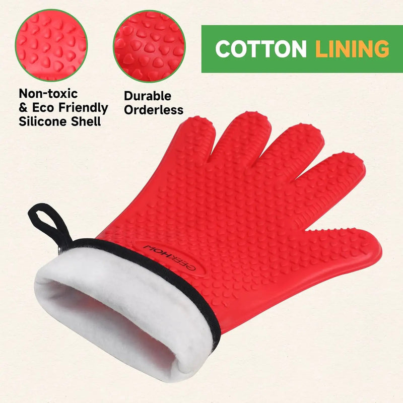 GEEKHOM BBQ Gloves Heat Resistant Oven Mitts - Silicone Grilling Gloves with 13.7" Arm Protection - Waterproof Pot Holder Non-Slip for Men & Women, Kitchen Outdoor Cooking, Baking, Camping, Red by GreenHaven Gardens