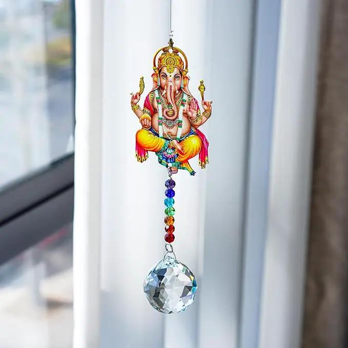 Elephant God Prism Suncatcher Hindu Ganesha Protection Charm Decor Window Garden Wall Hanging Crystal Pendant