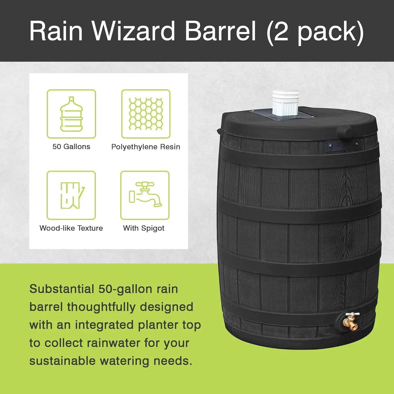 Good Ideas Rain Wizard 50 Gallon Plastic Outdoor Home Water Storage Tank Rain Barrel Collector with Brass Spigot and Flat Back Design, Black, 2 Pack by GreenHaven Gardens