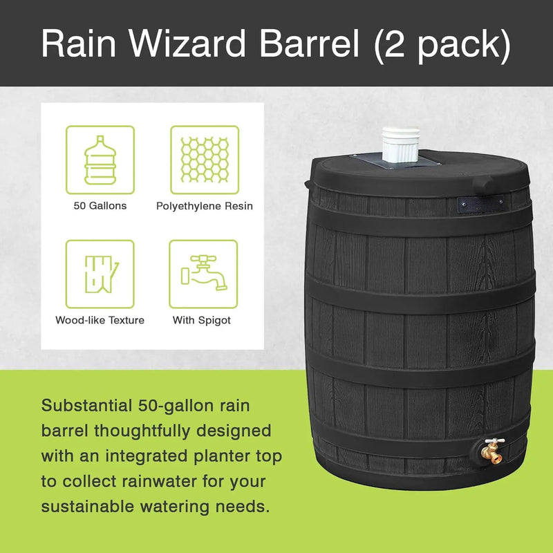 Good Ideas Rain Wizard 50 Gallon Plastic Outdoor Home Water Storage Tank Rain Barrel Collector with Brass Spigot and Flat Back Design, Black, 2 Pack by GreenHaven Gardens