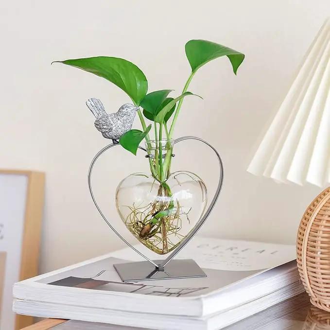 Marbrasse Desktop Glass Vase, Bulb Glass Vases for Holder, Creative Bird with Heart Planter Vase, Plant Terrarium Metal Stand for Modern Office Home Wedding Decorations by GreenHaven Gardens