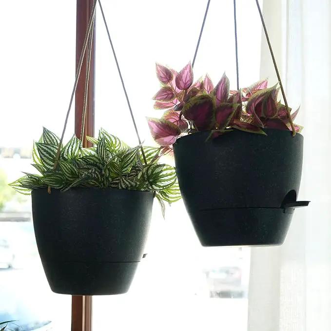 10 Inch Self Watering Hanging Pots, 2 Pack Hanging Planters with 40oZ Deep Reservior for Indoor Outdoor Plants Flowers, Black Speckles by GreenHaven Gardens