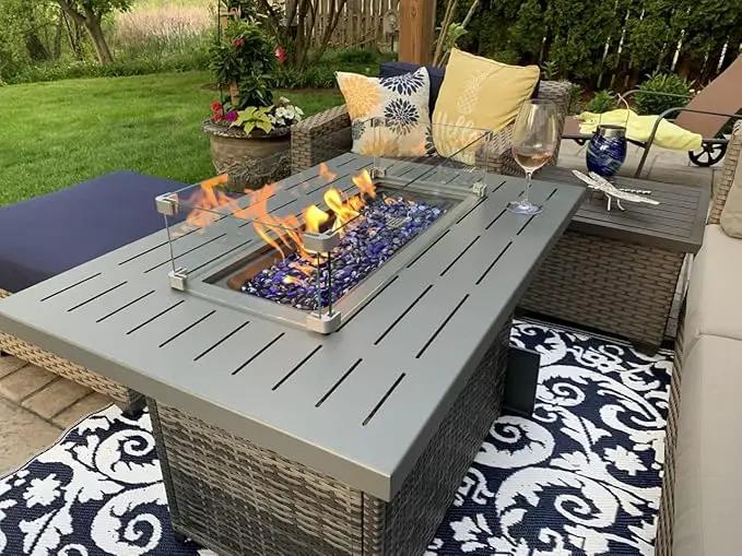 Propane Fire Pit Table,44 Inch 55000 BTU Outdoor Gas Fire Pit Rectangular with Glass Wind Guard for Outside Patio Deck (Gray-Aluminum Top) by GreenHaven Gardens