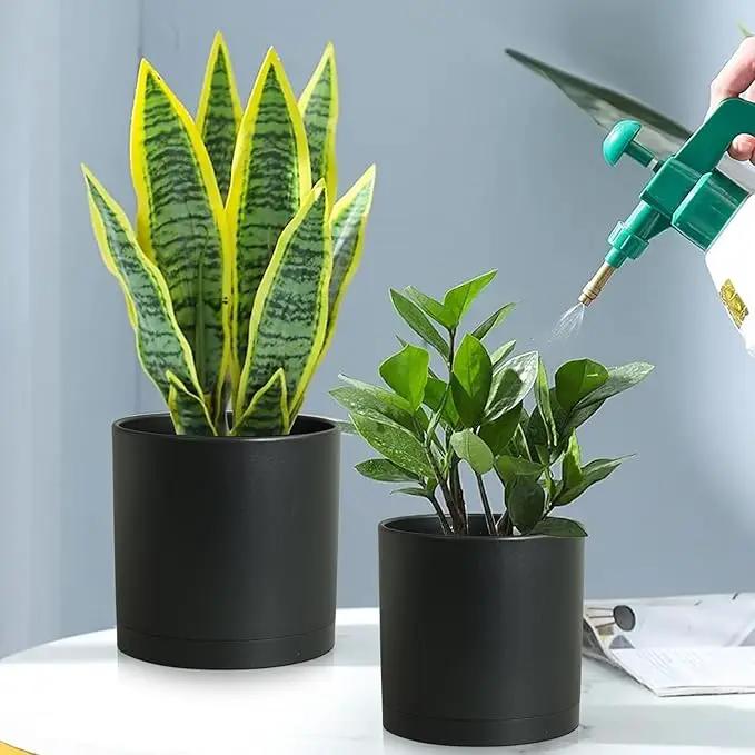 8/7/6 inch Plant Pots, 3 Set Cylinder Flower Pots for Outdoor Indoor Plants, Decorative Plastic Planters with Drainage Holes and Saucers for Garden House Plants, Black by GreenHaven Gardens