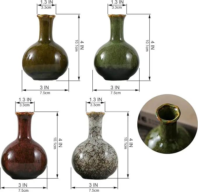 JOJUNO Glazed Rustic Bud Vase Set of 4 - Small Ceramic Mini Pottery Vases in White, Yellow, Green, Red - Ideal for Fresh & Dried Flowers - Modern Farmhouse Décor for Living Room, Shelves, Dining Table by GreenHaven Gardens