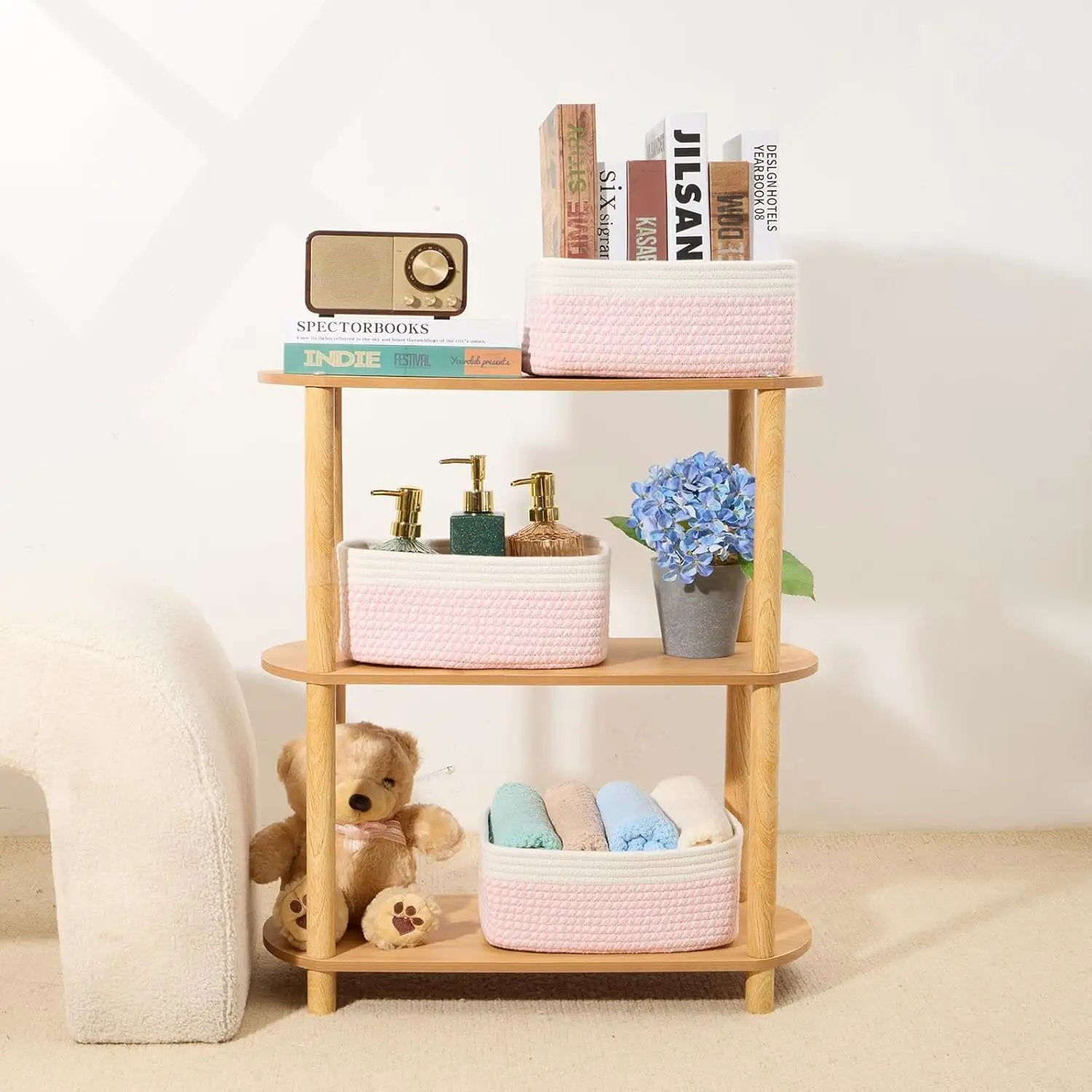 Small Storage Baskets for Organizing | Closet Organizer Bins | Shelf Toy Basket | Woven Rope Baskets | Cube Decorative Box | Shallow Basket | 11.5x7.5x4.7” | 4 Packs White Pink by GreenHaven Gardens