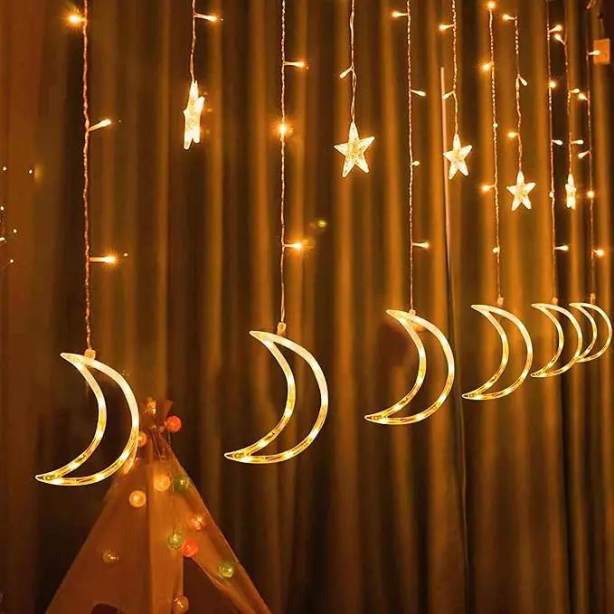 Dazzle Bright Ramadan Curtain String Lights, 138 LED 6.7ft x 3.2ft Warm White Star Moon 8 Lighting Modes Fairy Lights with Remote for Bedroom Wall, Wedding, Outdoor Party, Ramadan Decorations by GreenHaven Gardens