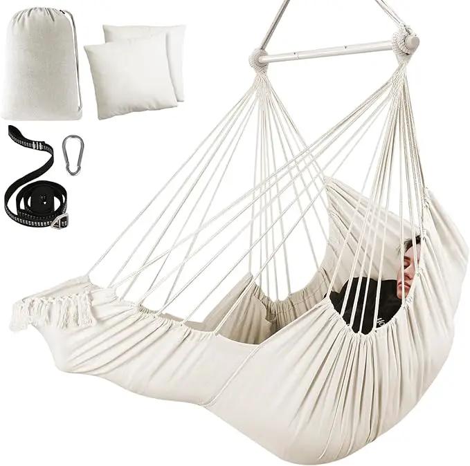 Chihee Hammock Chair Hanging Chair with Foot Rest 2 Cushions Max 500lbs Robust Metal Spreader Bar Collapsible Easy Storage Soft Cotton Swing Chair Strong Strap Iron Carabiner Side Pocket Included by GreenHaven Gardens