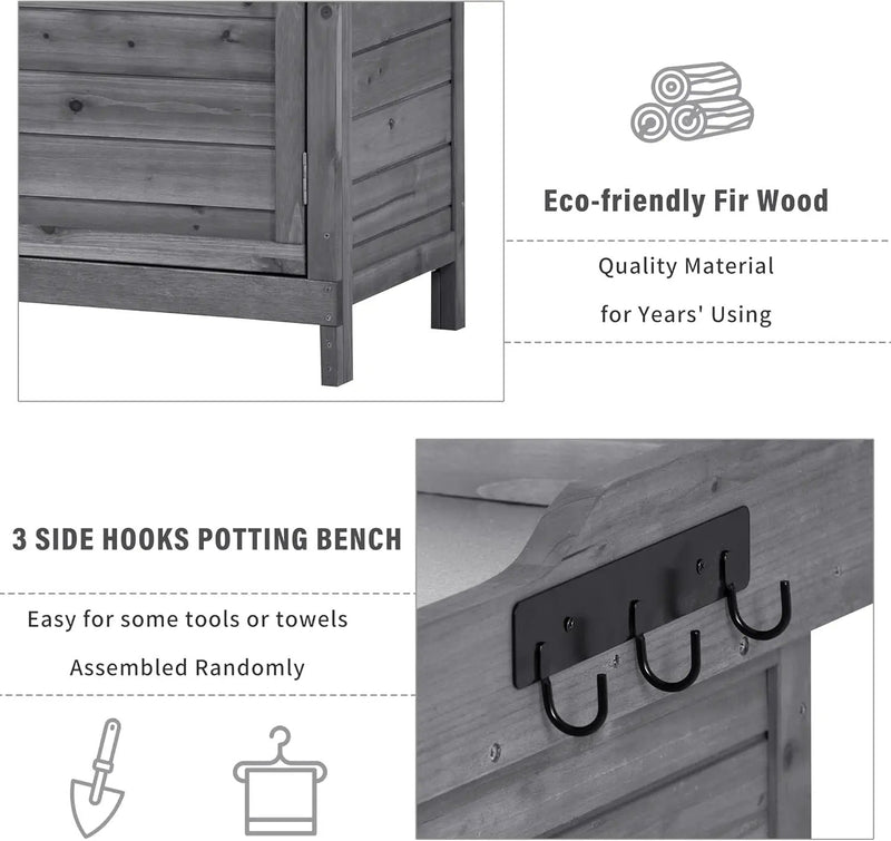 Merax Outdoor 39" Potting Bench Table, Rustic Garden Wood Workstation, Storage Cabinet with 2-Tier Shelves and Side Hook, Grey by GreenHaven Gardens