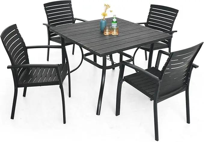 Outdoor Dining Table with 1.6" Umbrella Hole, Picnic Table Plastic Square Backyard Bistro Table Outdoor Dining Table for Garden, Poolside, Backyard, Black, 37x37inch by GreenHaven Gardens