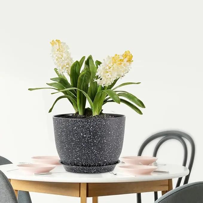 12 inch Big Plant Pots, Plastic Planters with Drainage Holes and Trays, Large Flower Pots for Indoor Outdoor Plants, Modern Decorative Pots for Garden House Plants, Speckled Black by GreenHaven Gardens