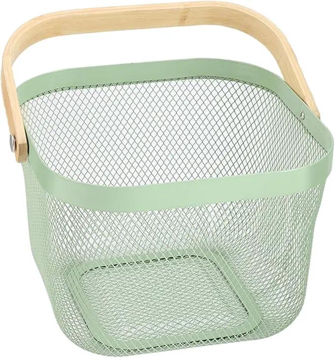 Metal Mesh Steel Basket, Storage Organizer Basket Multi-functional Hanging Kitchen Basket Fruit Basket Bin with Bamboo Handle, 9.84 x 10.2 x 7 inch, Mint Green by GreenHaven Gardens