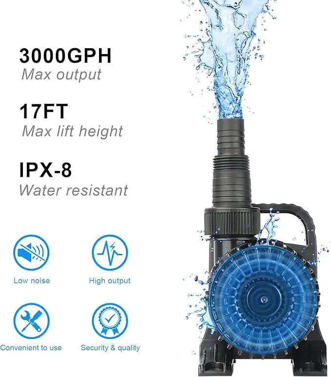 Outdoor 3000gph-155W 32.8FT Pond Water-fall & Kio Fish Fountain-s &Garden Pump Submersible IPX8: Long 32.8FT Cord Smart-er & Quieter Duck & Yard Ponds Pumps, 1 Barrier Pump Bag by GreenHaven Gardens