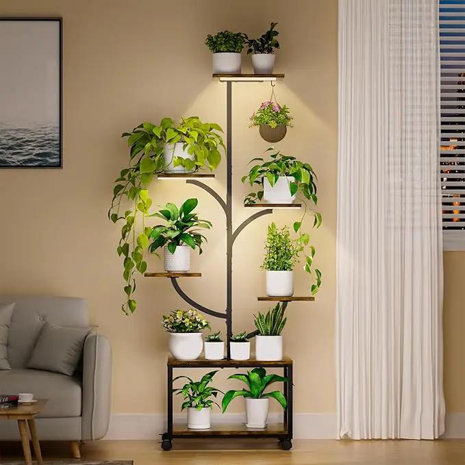 Plant Stand Indoor with Grow Lights, 60" Tall 7-Tier Metal Plant Stand with Wheels & Tree-Shaped Design for Indoor Plants, Flower Holder Display Rack for Home, Patio - Black by GreenHaven Gardens