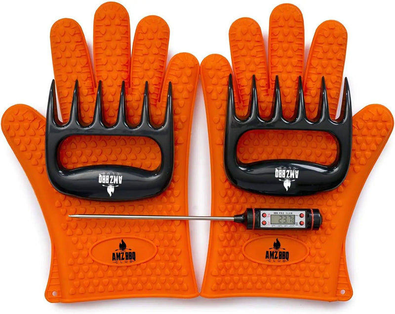 Meat Claws Bbq Grill Accessories Set - 2 Silicone Gloves, Claws For Pulled Pork, BBQ Thermometer - Perfect Smoker Accessories Grilling Tools Gift Set For (Orange Glove-Thermometer-Claw) by GreenHaven Gardens