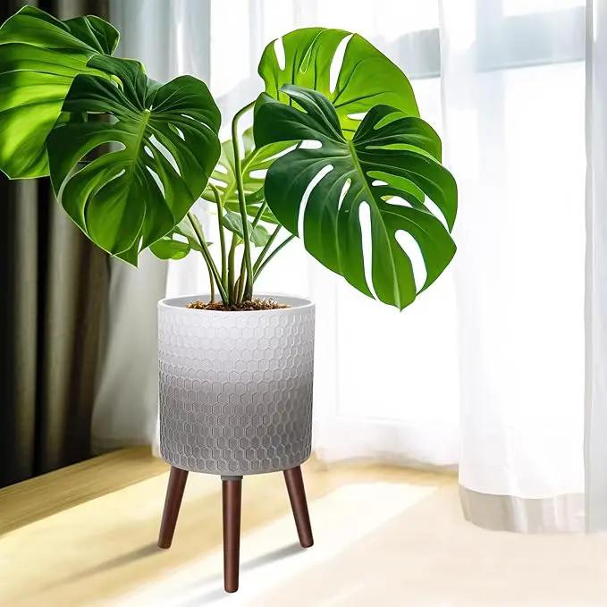12 Inches Indoor Plant Pot with Walnut Color Stand Honeycomb Embossed Flower Pot with Drainage Holes Large Modern Planters for Indoor Plants-Gradient White Gray by GreenHaven Gardens