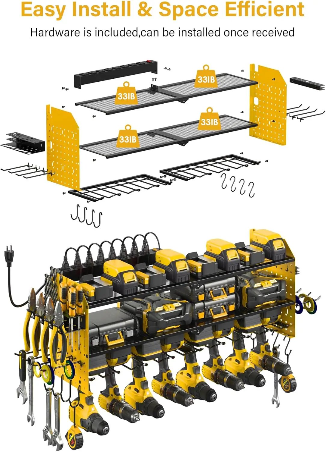 JUNNUJ Large Pegboard Power Tool Organizer with Charging Station, 8 Drills Driver and Tools Battery Holder Wall Mount with 8 Outlet Power Strip, Yellow 3-Layer Shop Garage Storage Utility Rack by GreenHaven Gardens