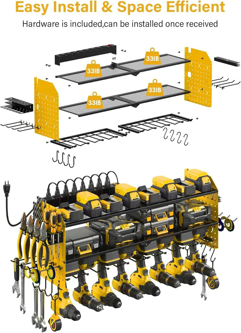 JUNNUJ Large Pegboard Power Tool Organizer with Charging Station, 8 Drills Driver and Tools Battery Holder Wall Mount with 8 Outlet Power Strip, Yellow 3-Layer Shop Garage Storage Utility Rack by GreenHaven Gardens