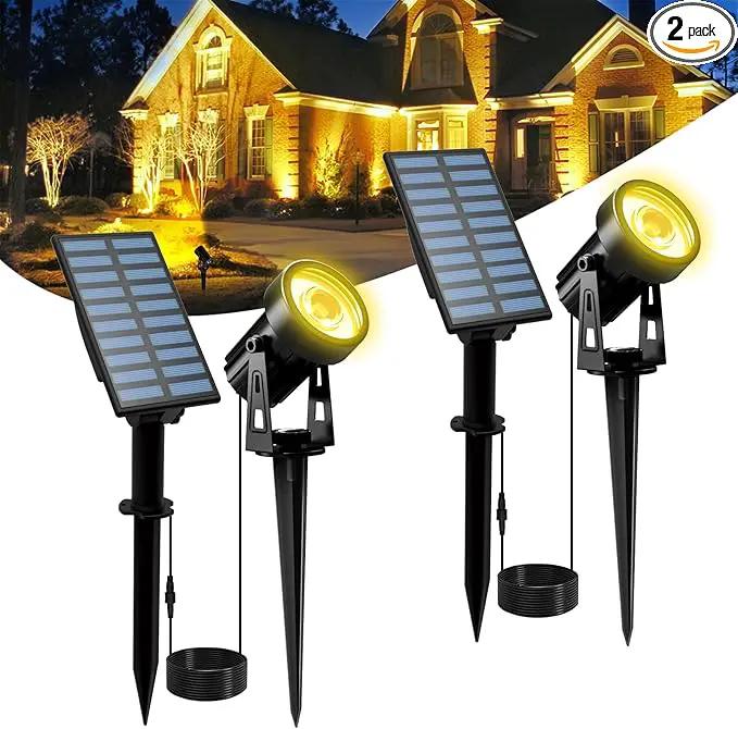 T-SUNUS Solar Landscape Spotlights 2 Pack Warm White, IP65 Waterproof Sopt Lights 9.8ft Cable, Outdoor LED Wall Light 3000K Separated Panel for Tree Flag Yard Garden Driveway Porch Walkway Pool Patio by GreenHaven Gardens