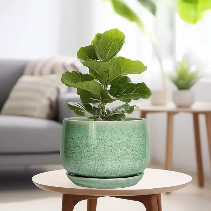 G EPGardening Ceramic Planter - 9 Inch Plant Pot with Drainage Hole and Saucer, Modern Round Planter, Flower Pot for Indoor Outdoor Plants, Garen House Room Decor, Housewarming Gifts, Green by GreenHaven Gardens