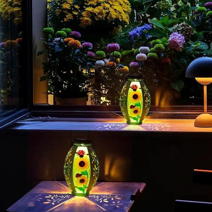 Sunflower Solar Lanterns Outdoor Waterproof,Hanging Solar Lantern,Sunflower Lanterns Decorative Outdoor,Glass & Metal Solar Lights for Tabletop Patio Porch Decor by GreenHaven Gardens