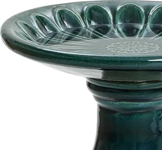 LuxenHome 22 Inch Ceramic Bird Bath for Outside, Elegant Tall Outdoor Bird Bath, Lightweight Pedestal Glazed Birdbaths for Outdoors with Floral Pattern, Dark Green by GreenHaven Gardens
