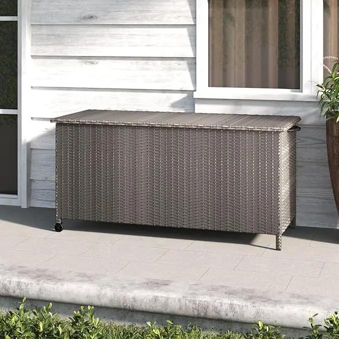 Grand patio 108 Gallon Deck Storage Box Indoor Outdoor Wicker Bin for Patio Furniture Cushions Garden Tools Pool Accessories, Greige by GreenHaven Gardens