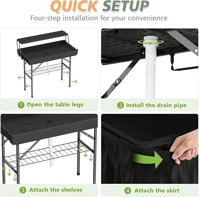 Outdoor Ice Cooler Folding Table with Extra Storage Shelf,Ice Tables for Parties with Drain,Cooler Server for Camping, Picnic, Wedding, BBQ, Black by GreenHaven Gardens