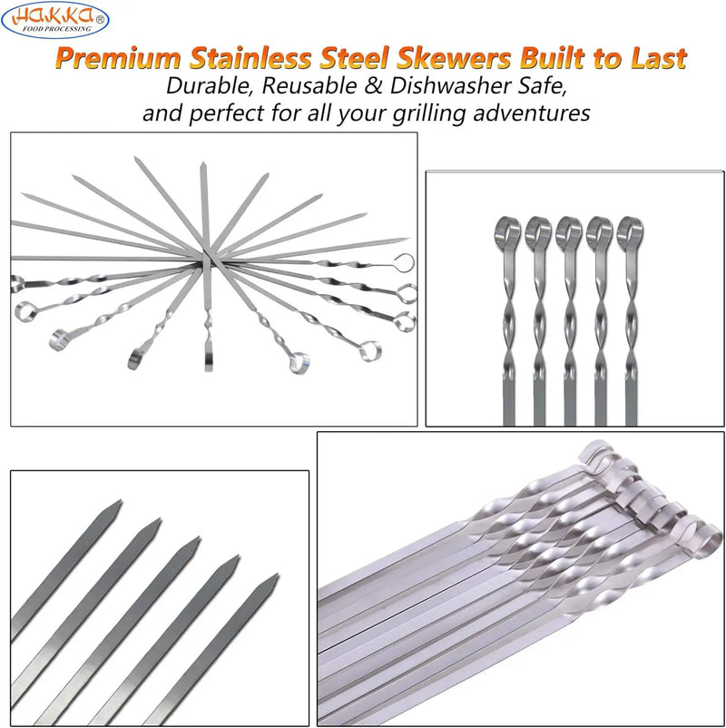 Hakka Stainless Steel Barbecue Skewers, 23" Heavy Duty Metal Skewers Large Wide Grilling Reusable Kabob Sticks with NonSlip Ring Handle,Set of 10 by GreenHaven Gardens