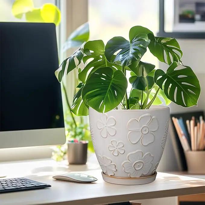Ceramic Planter 8 Inch Plant Pot with Drainage Hole and Saucer Ceramic Pots for Indoor Plants Outdoor Large Flower Pot for Home Decor White