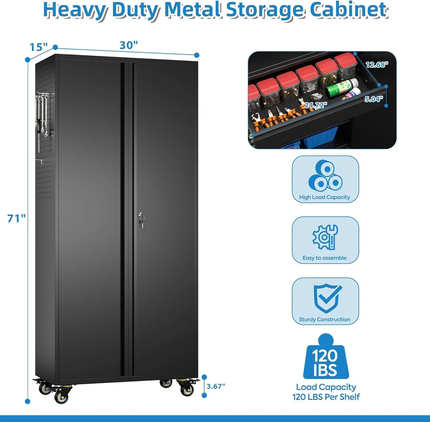 71" H Metal Garage Storage Cabinet with Locking Doors and 2 Adjustable Shelves, Rolling Tool Storage Cabinet with Wheels, Drawer, Pegboard and 16 Hooks for Garage, Warehouse, Black by GreenHaven Gardens