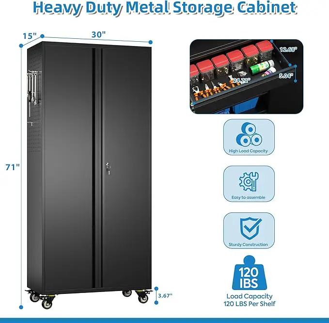 Metal Garage Cabinet with Wheels,71''H Rolling Lockable Steel Tool Cabinet with Pegboard & 1 Drawer for Garage,Home,Office Assembly Required,Black/Red by GreenHaven Gardens