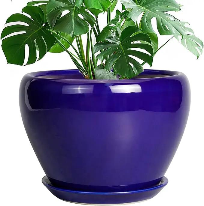 Ceramic Planter 10 Inch - Indoor Plant Pot for Plants with Drainage Hole and Saucer Large Planter Round Outdoor Flower Pot Mid-Century for House Patio Decor Blue by GreenHaven Gardens