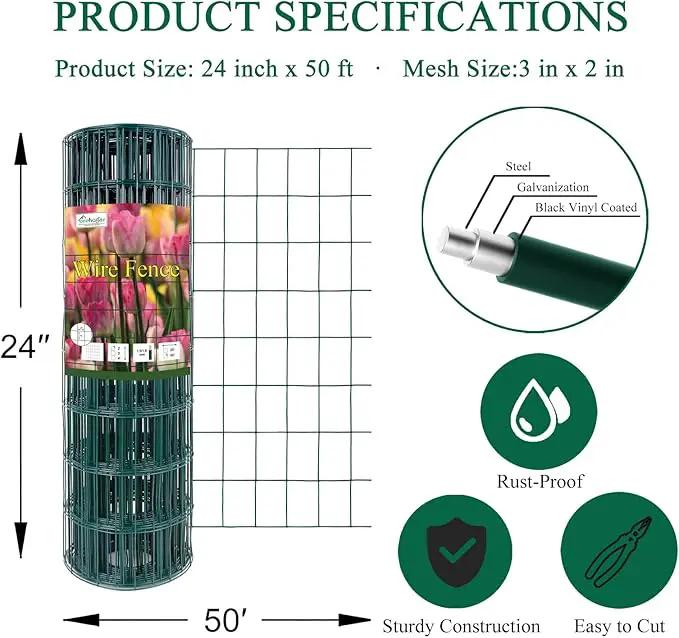 Green PVC Coated Welded Wire Fence 24 Inch x 50 Foot, 2 Inch x 3 Inch 16GA, Garden Border Fencing Roll Vinyl Coating Metal Wire Mesh for Yard Vegetable Plant Protection Poultry Netting by GreenHaven Gardens