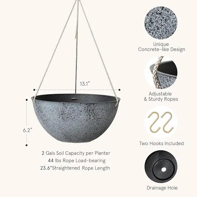 LA JOLIE MUSE Large Hanging Planters for Outdoor Plants - 13 Inch Hanging Flower Pots with Drainage Holes, Set of 2, Rock Grey by GreenHaven Gardens