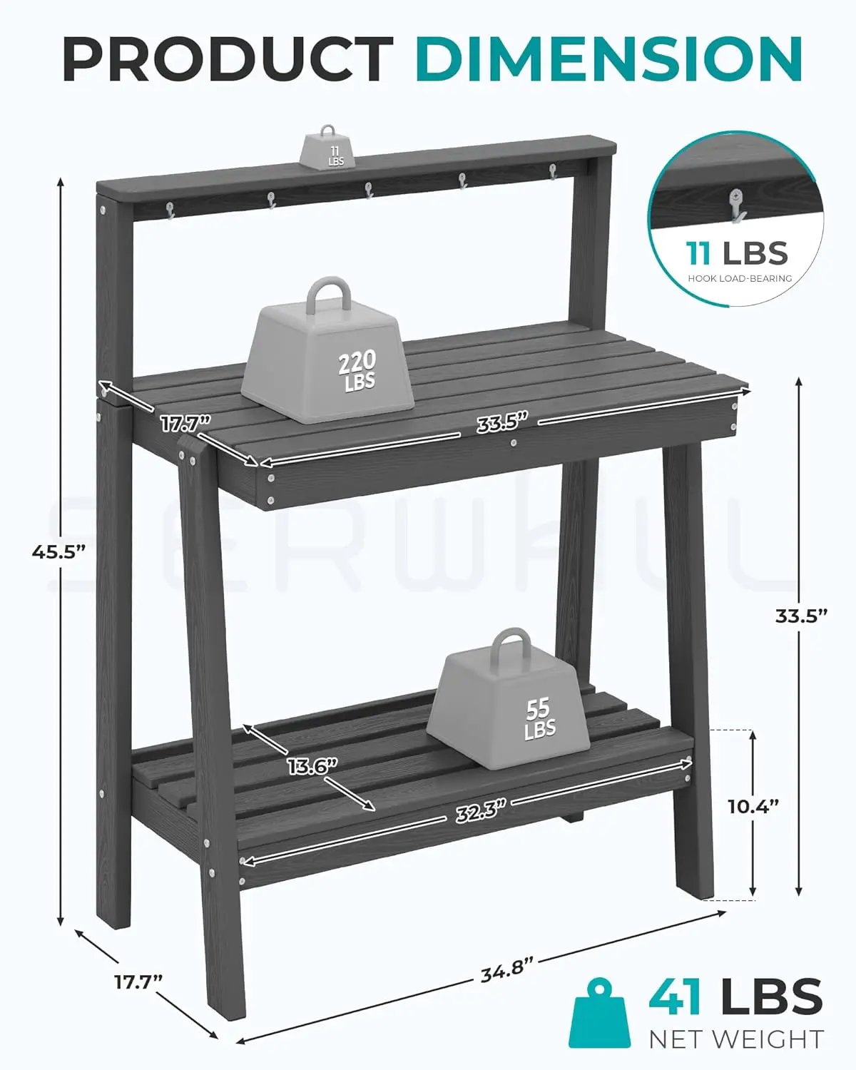 SERWALL Potting Bench Outdoor with Storage, 3-Tier HDPE Gardening Table with Angled Legs & Tool Hooks, All-Weather Heavy Duty Potting Table for Patio, Backyard, Garden, Gray by GreenHaven Gardens