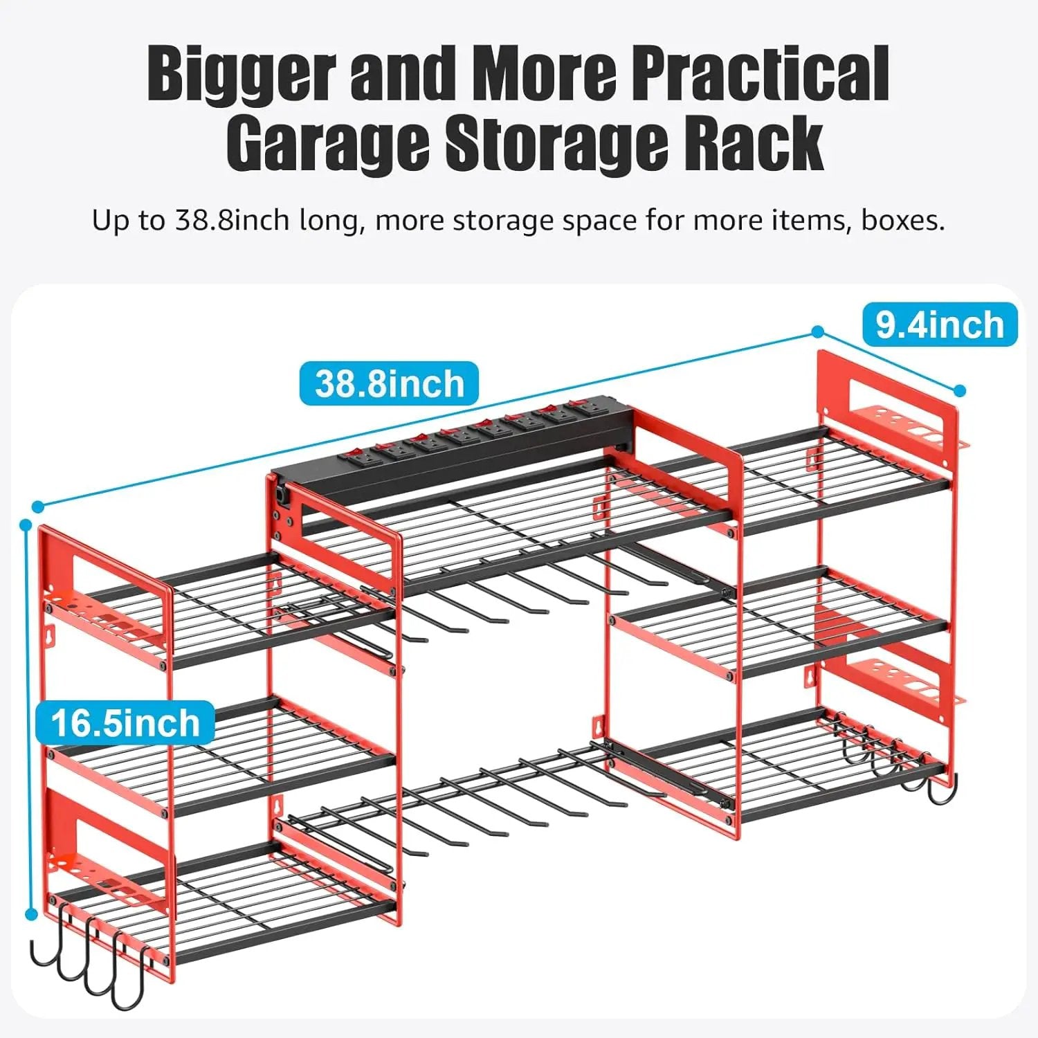 CCCEI Red Power Tool Organizer Wall Mount, Large Tools and Battery Storage Rack Charging Station Individual Switches. Drills Holder, Garage Utility Shelves with 6FT Power Strip. Gift for Men. by GreenHaven Gardens