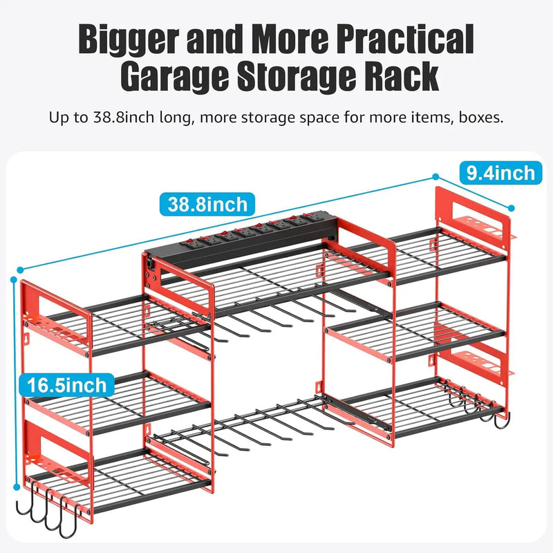 CCCEI Red Power Tool Organizer Wall Mount, Large Tools and Battery Storage Rack Charging Station Individual Switches. Drills Holder, Garage Utility Shelves with 6FT Power Strip. Gift for Men. by GreenHaven Gardens