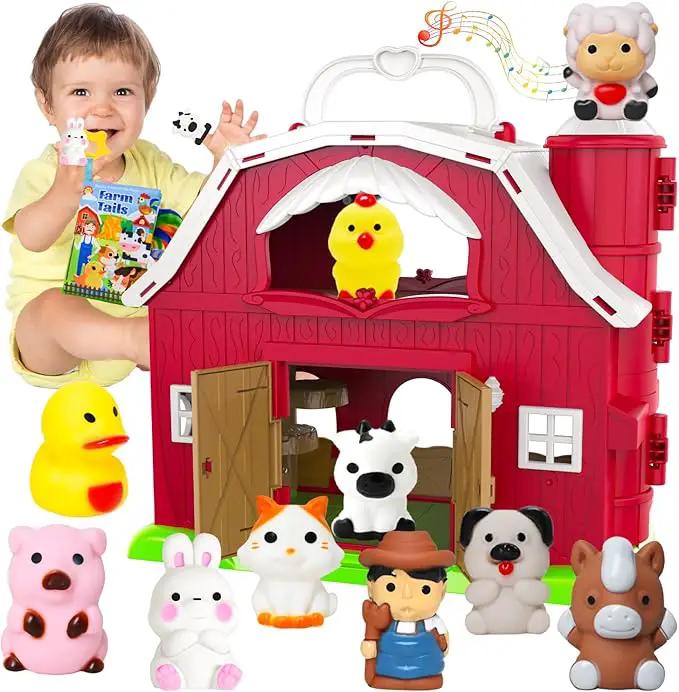 Big Musical Red Barn Toy Farm Animal Finger Puppets for 1 2 3 4 5 Years Old, Animal Figures Playset with Farm Tails Baby Book, Sensory Learning Toys Gift for Toddlers Boys Girls by GreenHaven Gardens