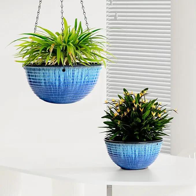 2 Pack Hanging Planters for Indoor Outdoor Plants, 10 Inch Hanging Planter with Drainage Hole & Plug Glazed Hanging Baskets Flower Pots for Garden Home (Blue Flow Glaze) by GreenHaven Gardens
