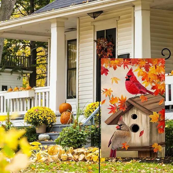 BLKWHT Fall Cardinal Bird Garden Flag 12x18 Vertical Double Sided Maple Leaves Welcome Autumn Thanksgiving Holiday Outside Decorations Burlap Yard Flag BW829 by GreenHaven Gardens