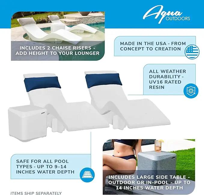 Aqua Outdoors in-Pool DEEP Ledge Chaise Set - Two Chaises - Two Headrest Pillows - Chaise Risers and One Large in Pool Side Table - for ledges 9"-14" inches Deep (White Granite-Grey) by GreenHaven Gardens