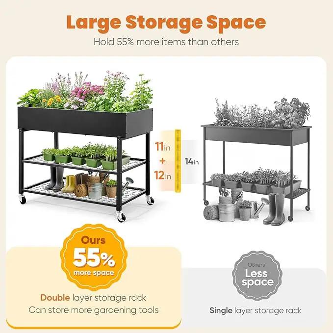 KING BIRD Raised Garden Bed with Legs & Double-Layer Storage Shelf, Galvanized Elevated Planter Box with Lockable Wheels for Backyard, Patio, Balcony, 400lb Capacity, Black, 48x24x38 in by GreenHaven Gardens