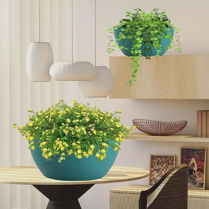 WOUSIWER 13 inch 2 Pack Large Hanging Planters for Indoor Outdoor Plants with Drainage Holes and Chain, Round Hanging Flower Pots for Garden Home Porch Decor, Myrtle Green by GreenHaven Gardens