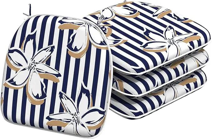 Indoor/Outdoor Chair Cushions 16x17 Inch, Patio Chair Cushions with Ties, All Weather Seat Cushions for Patio Furniture Home Garden Chair Use, Set of 4, Clemens Cabana Navy by GreenHaven Gardens