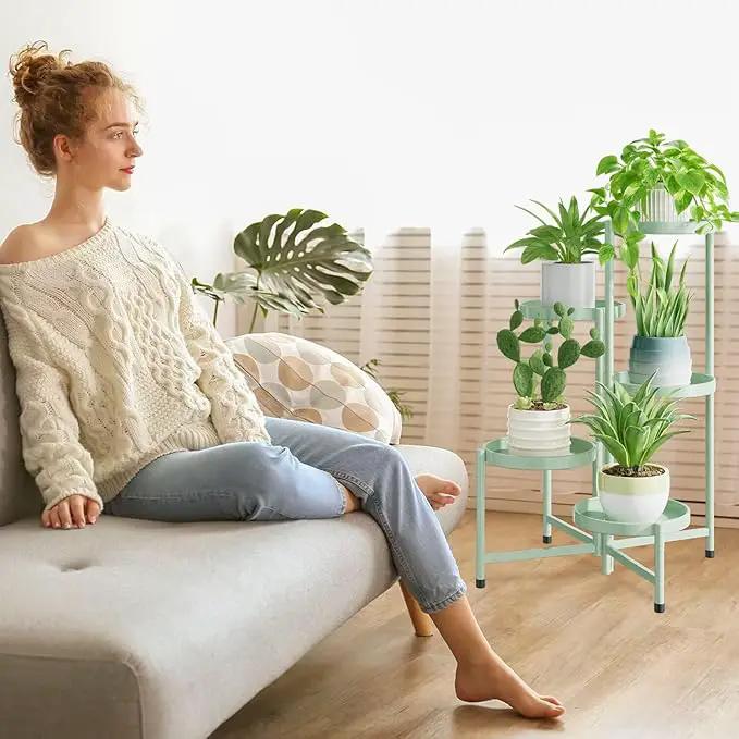 iDavosic.ly 5 Tier Large Plant Stand Indoor, 10 Inch Wide Corner Tall Metal Plant Stands Outdoor for Multiple Plants, Folding Tiered Flower Display Holder Rack Shelf, Light Green by GreenHaven Gardens