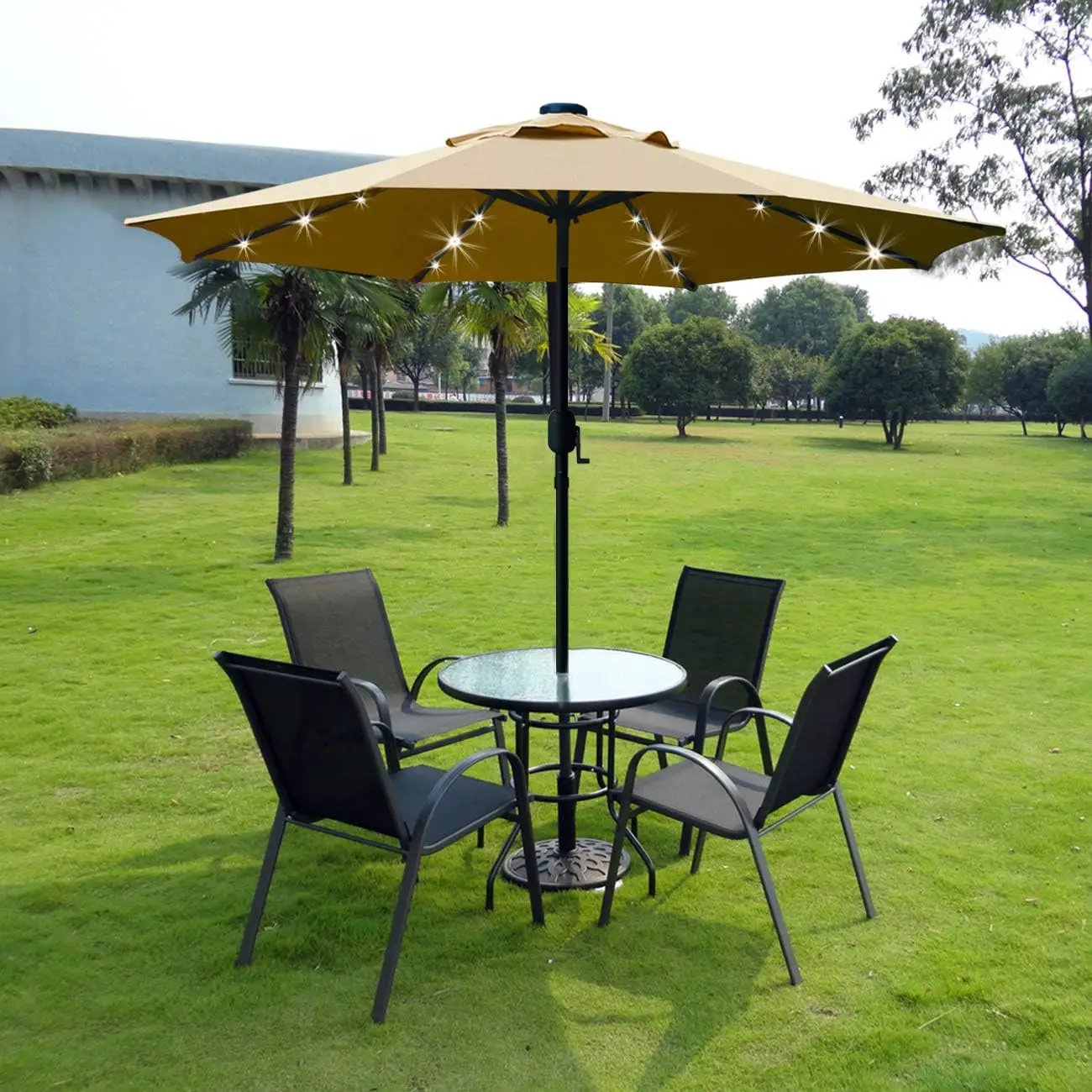 Sunnyglade 9' Solar LED Lighted Patio Umbrella with 8 Ribs/Tilt Adjustment and Crank Lift System (Light Tan) by GreenHaven Gardens
