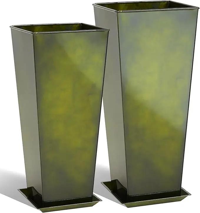 KOL 25'' & 28'' Tall Bright Glazed Planter with Insert, Set of 2, Galvanized Steel Planter Metal Pots with Drainage Hole for Indoor & Outdoor Use, Decorative Plant Pots for Front Porch, Patio - Green by GreenHaven Gardens