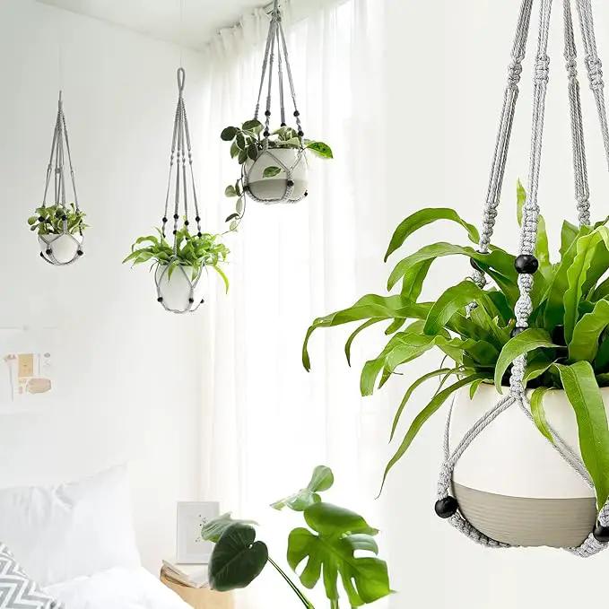 Mkono Macrame Plant Hanger Indoor Hanging Planter Basket with Wood Beads Decorative Flower Pot Holder No Tassels for Indoor Outdoor Boho Home Decor 35 Inch, Grey, Set of 2 (POTS NOT Included) by GreenHaven Gardens